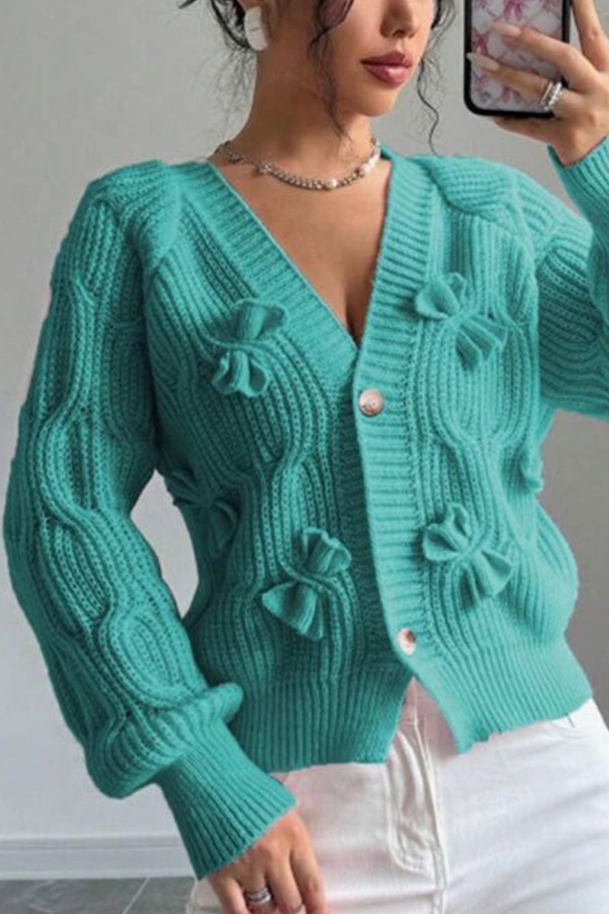 Bow Lantern Sleeve Button-down Cardigan