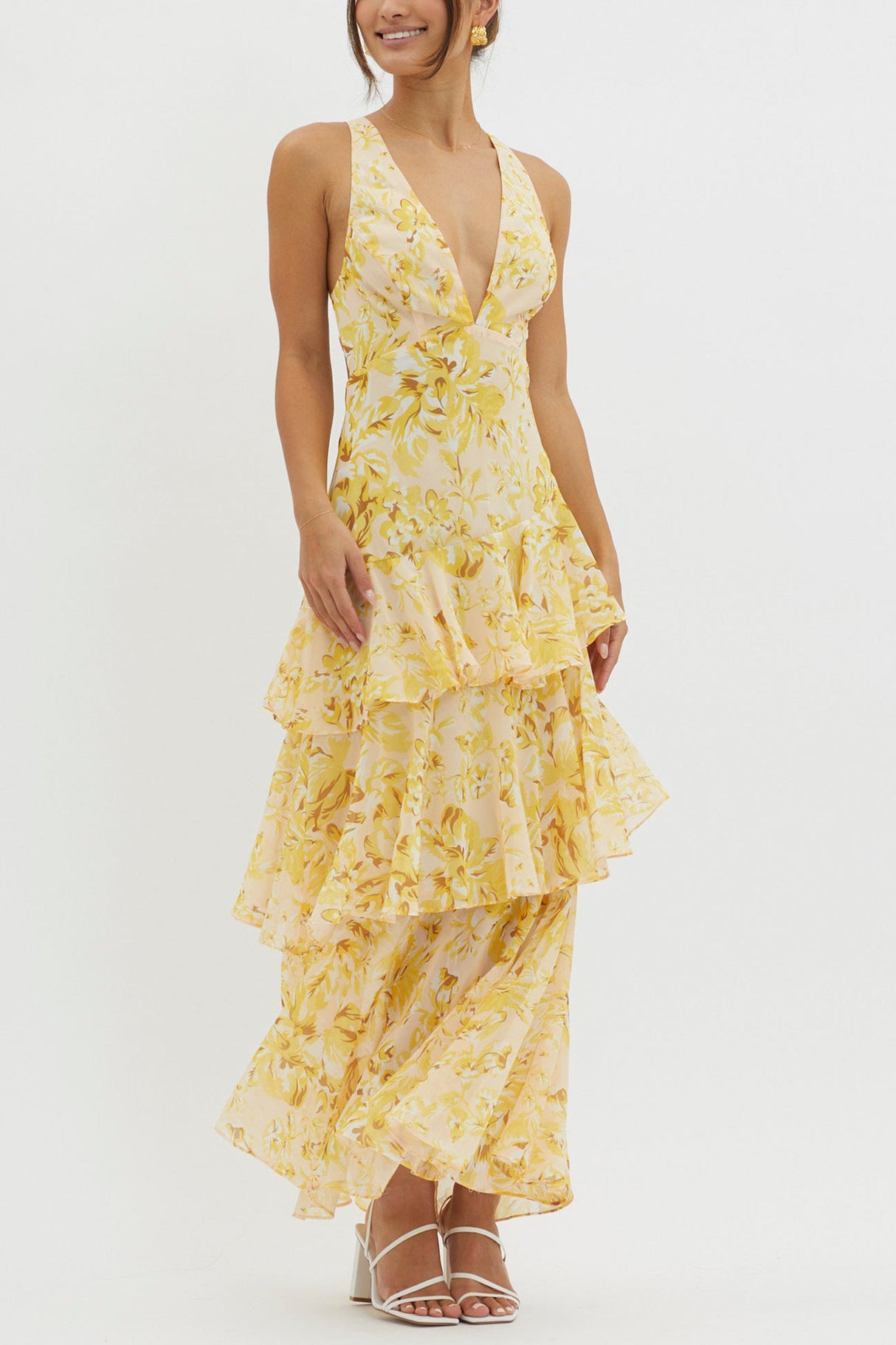 Arolora Floral Print Tie-up Back Chiffon Tiered Dress