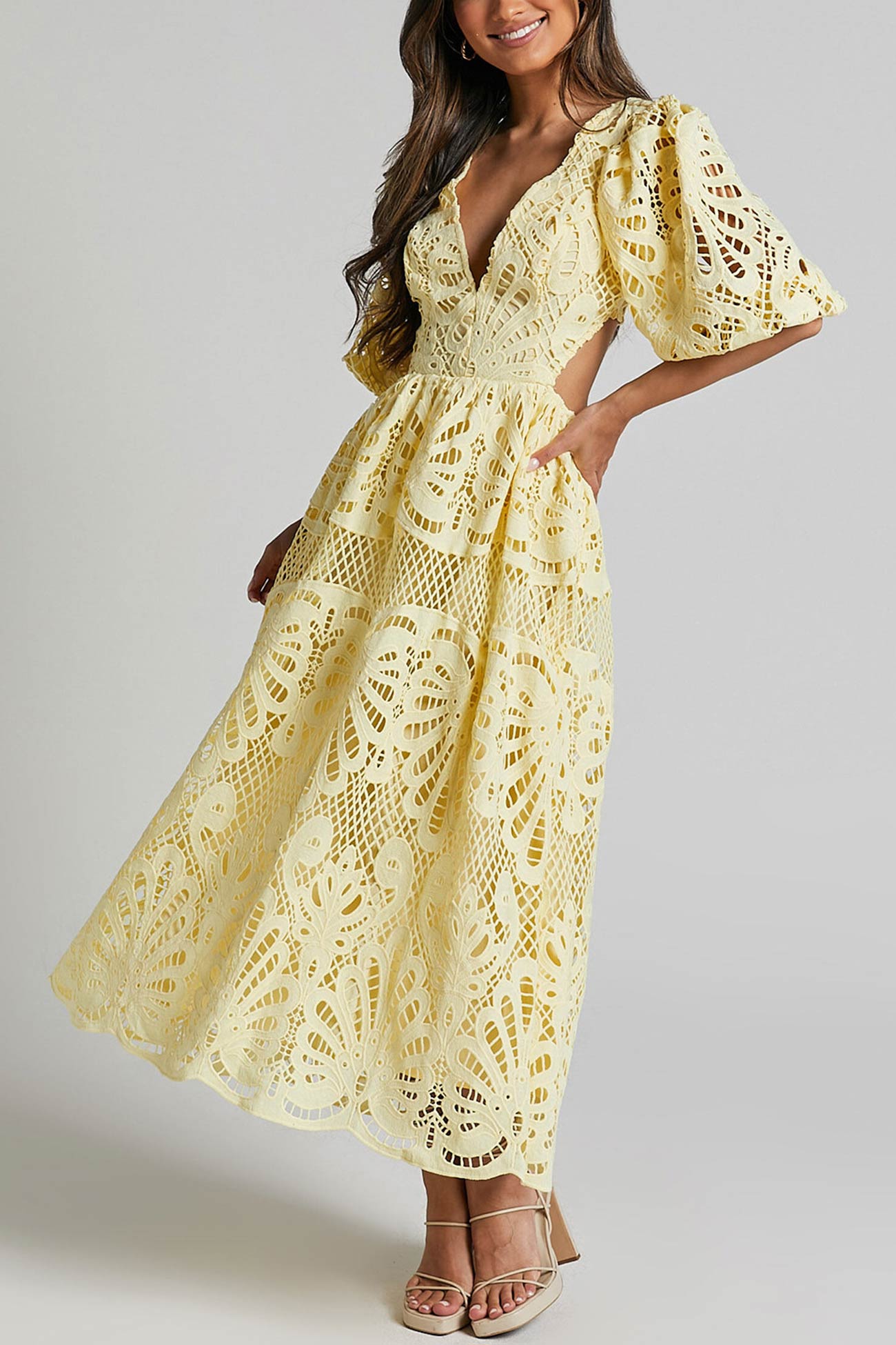 Arolora V-neck Lace Embroidery Hollow Waist Dress
