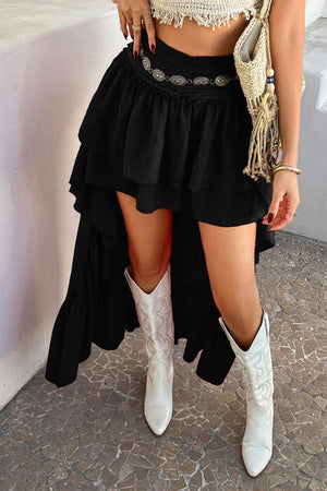 Arolora Solid Color High Rise High-low Tiered Skirt