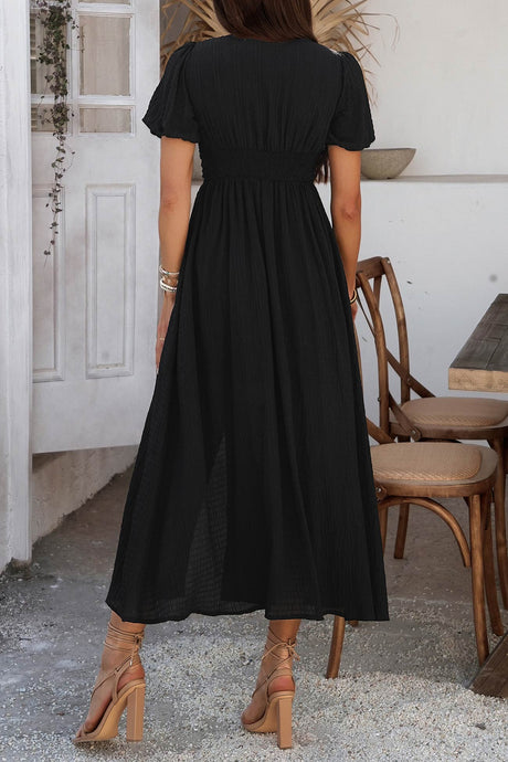 Arolora Puff Sleeve Single Breasted Slit Dress