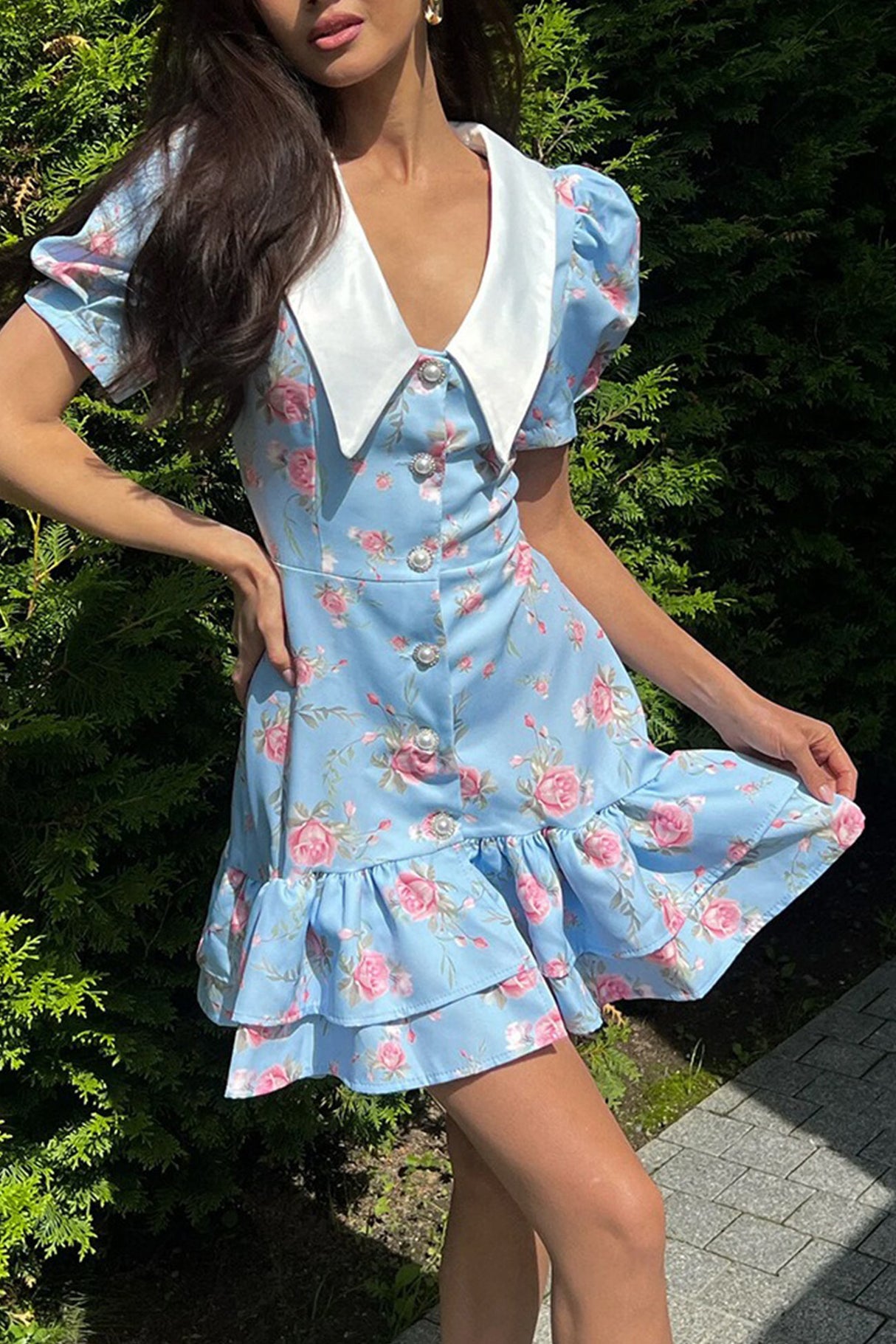 Arolora V-Neck Puff Sleeve A-line Ruffle Mini Dress