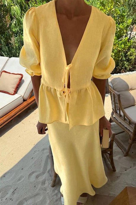 Puff Sleeve Tie-up Ruffle Cotton Shirt Skirt Set