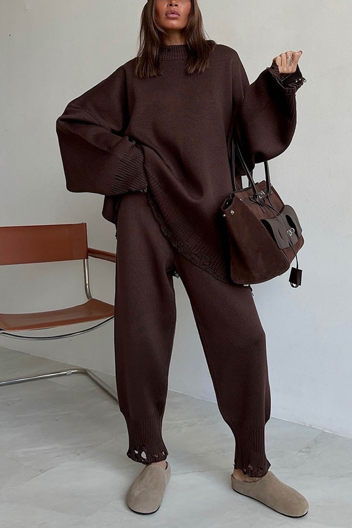 Raw Edge Crew Neck Sweater Set