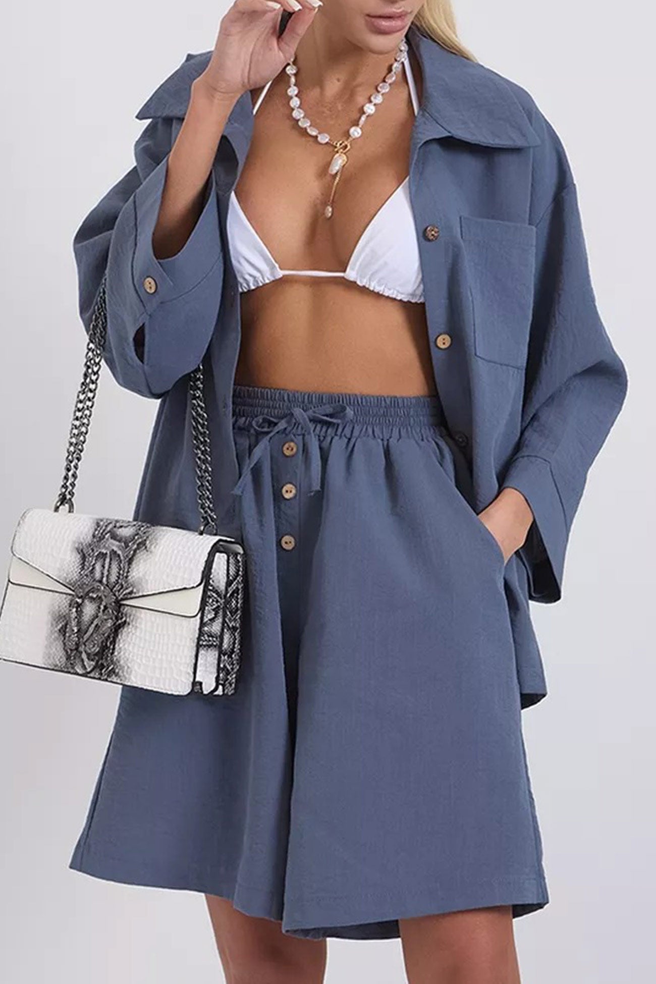 Solid Color Shirt Single-breasted Bermuda Shorts Set