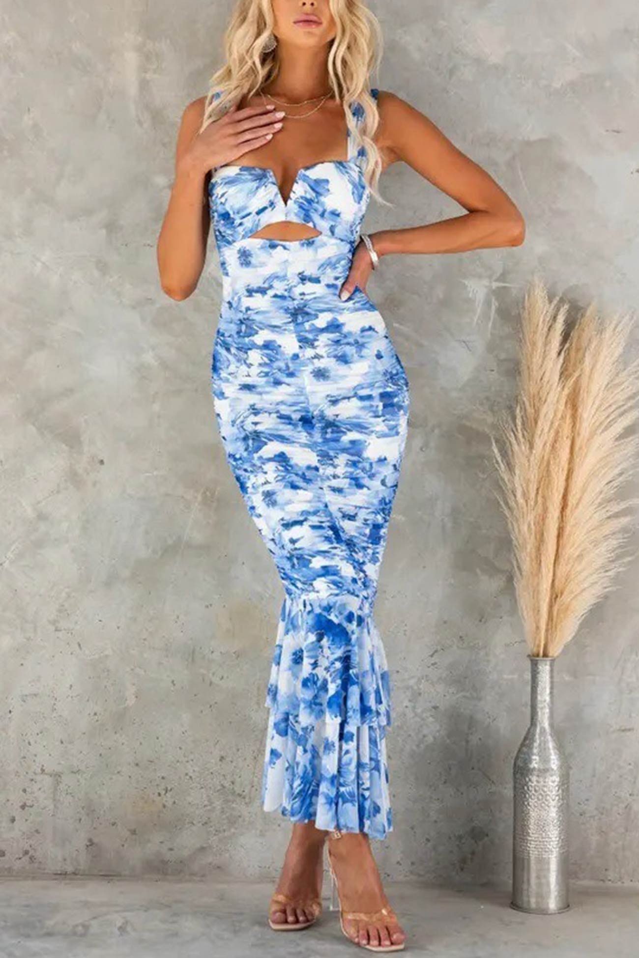 Arolora Floral Print Ruched Fishtail Dress