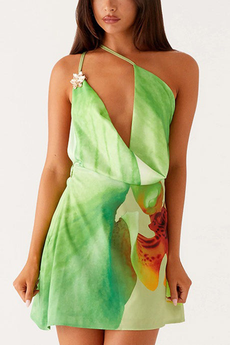 Arolora Floral Cowl Neck One-shoulder Mini Dress