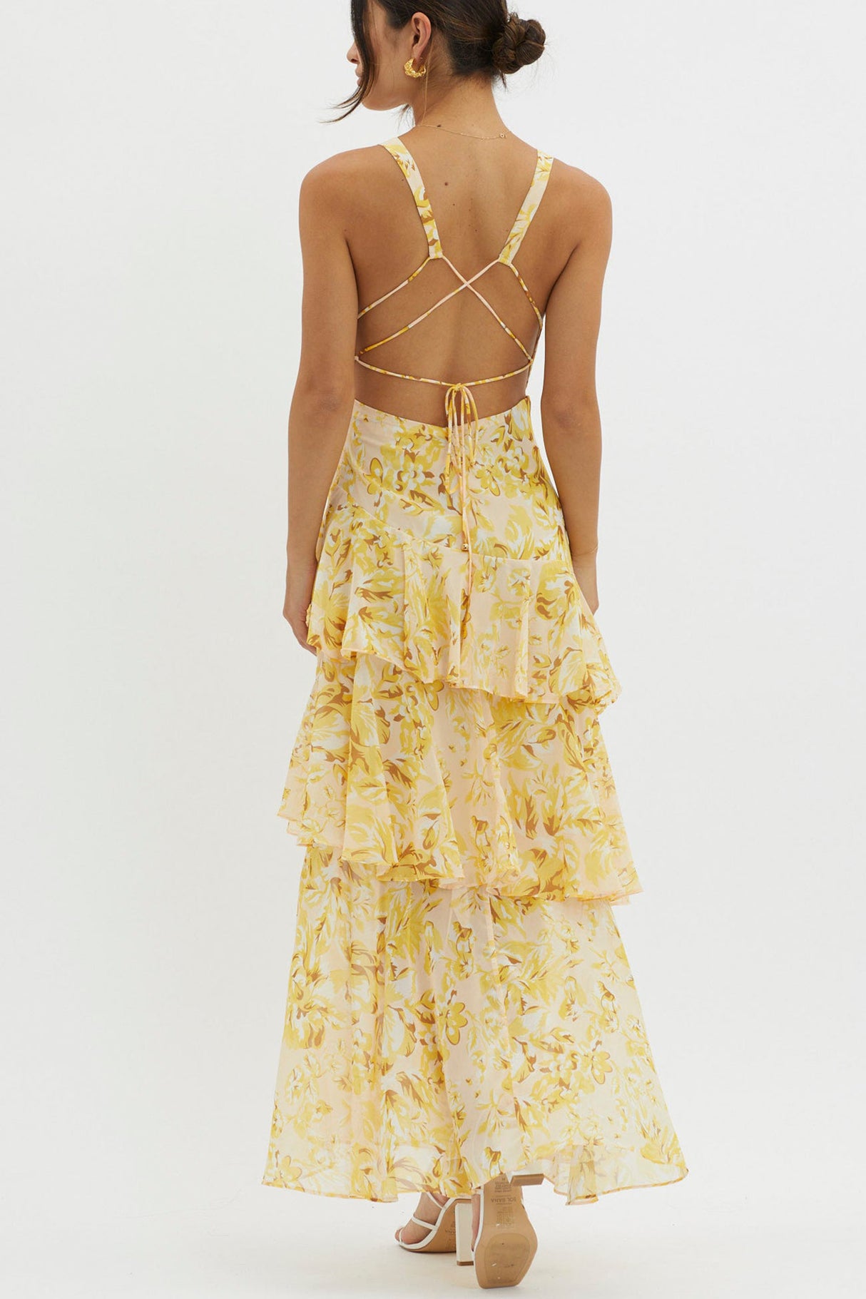 Arolora Floral Print Tie-up Back Chiffon Tiered Dress