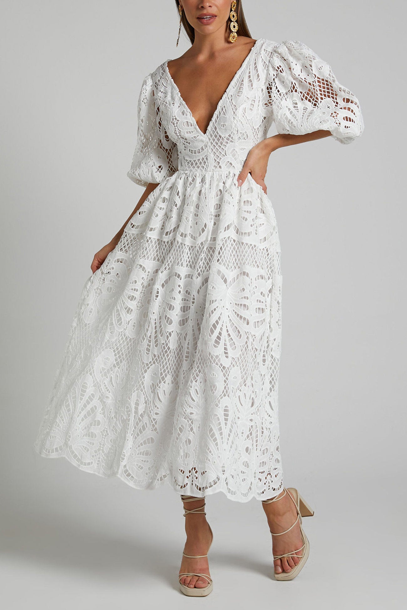 Arolora V-neck Lace Embroidery Hollow Waist Dress