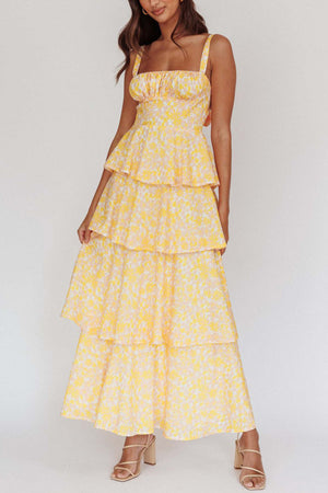 Arolora Floral Print Tie-up Tiered Midi Dress