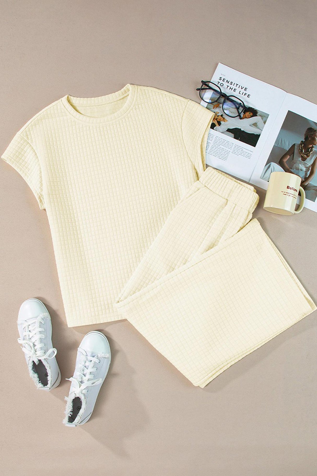 Solid Color Lattice Texture T-shirt Pants Set