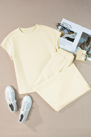 Solid Color Lattice Texture T-shirt Pants Set
