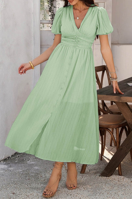 Arolora Puff Sleeve Single Breasted Slit Dress