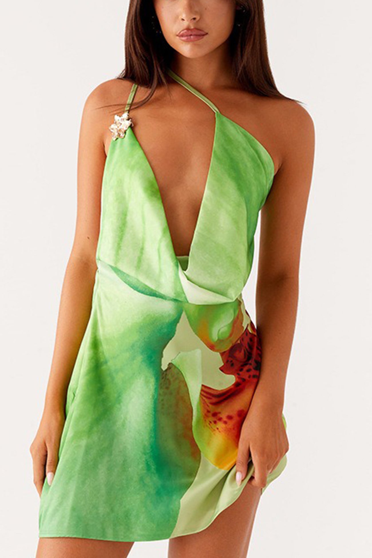 Arolora Floral Cowl Neck One-shoulder Mini Dress