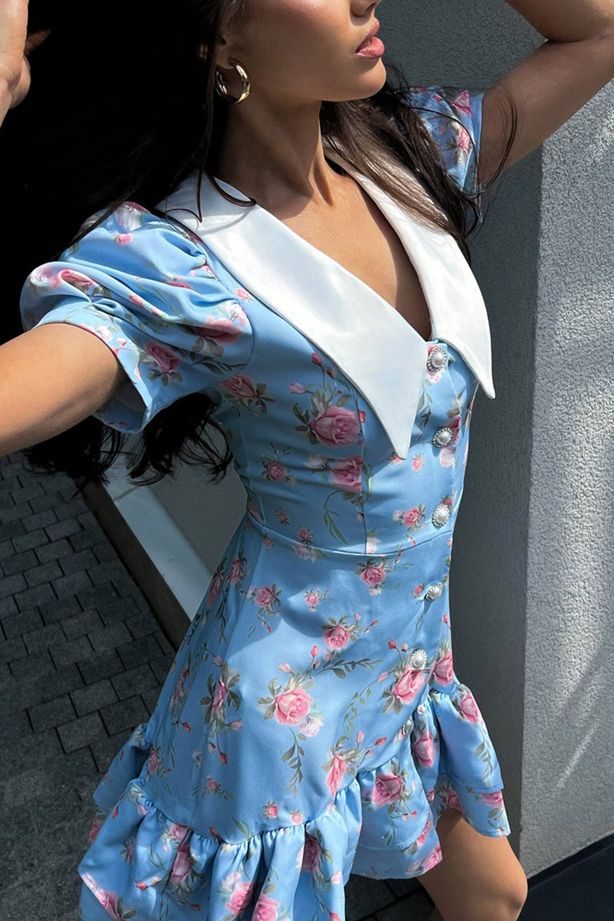 Arolora V-Neck Puff Sleeve A-line Ruffle Mini Dress