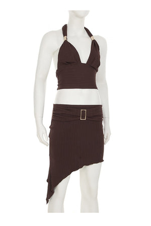 Halterneck Tie-up Vest Irregular Skirt Set