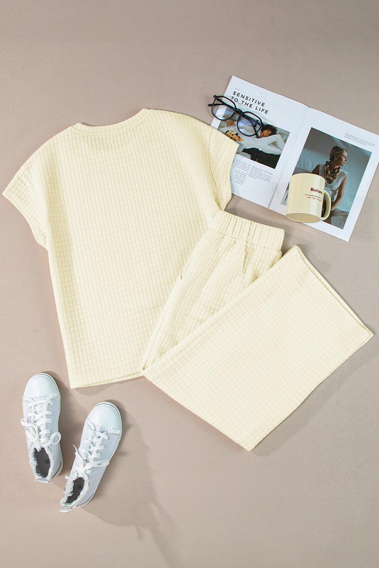 Solid Color Lattice Texture T-shirt Pants Set
