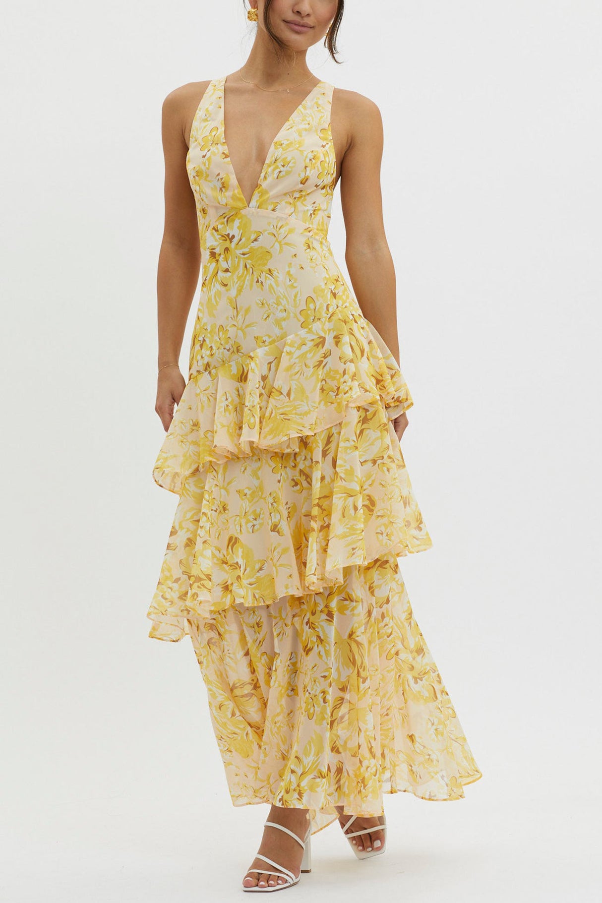 Arolora Floral Print Tie-up Back Chiffon Tiered Dress