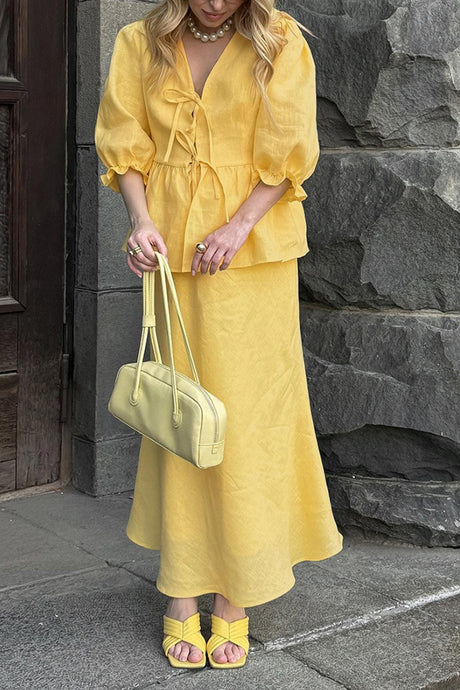 Puff Sleeve Tie-up Ruffle Cotton Shirt Skirt Set