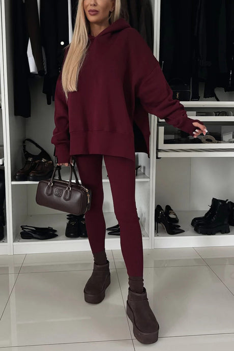 Printed Slit Hem Hoodie Leeging Set
