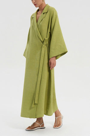 Lapel Tie-up Cotton Linen Dress