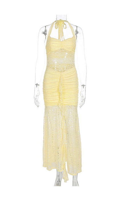 Halterneck Lace Patchwork Ruched Dress