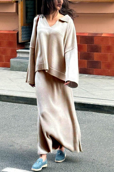 Lapel V Neck Sweater Skirt Set