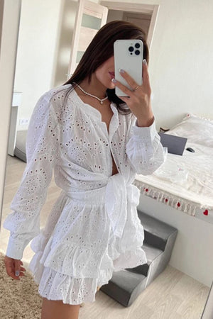 Arolora Hollow-out Jacquard Blouse Tiered Shorts Set