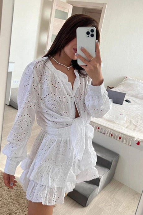 Arolora Hollow-out Jacquard Blouse Tiered Shorts Set