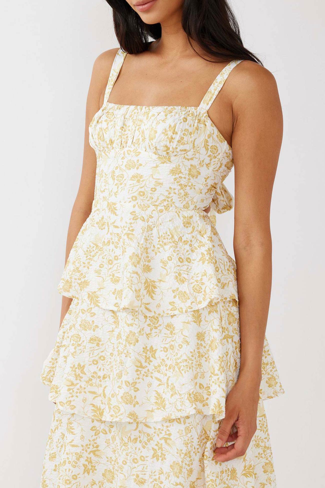 Arolora Floral Print Tie-up Tiered Midi Dress