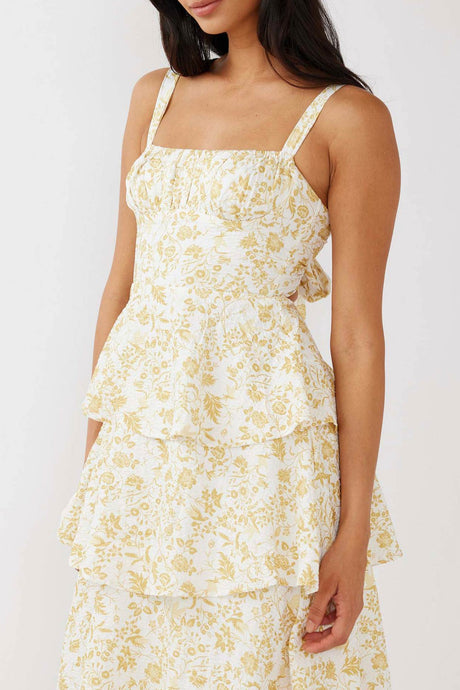 Arolora Floral Print Tie-up Tiered Midi Dress