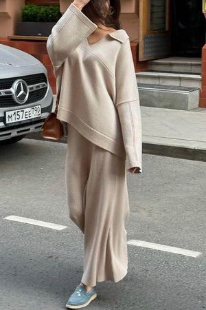 Lapel V Neck Sweater Skirt Set