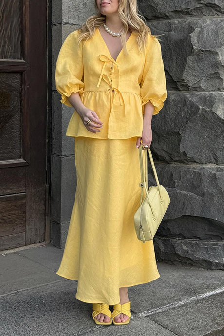 Puff Sleeve Tie-up Ruffle Cotton Shirt Skirt Set