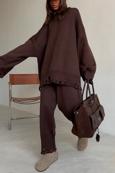 Raw Edge Crew Neck Sweater Set
