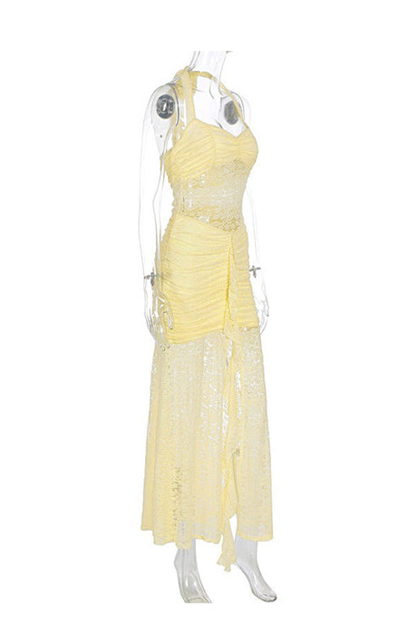 Halterneck Lace Patchwork Ruched Dress