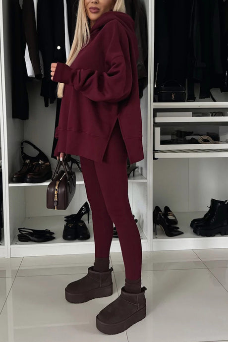 Printed Slit Hem Hoodie Leeging Set