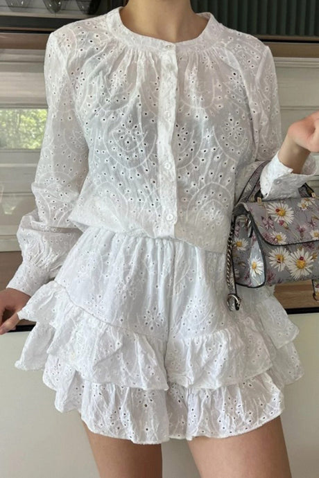 Arolora Hollow-out Jacquard Blouse Tiered Shorts Set