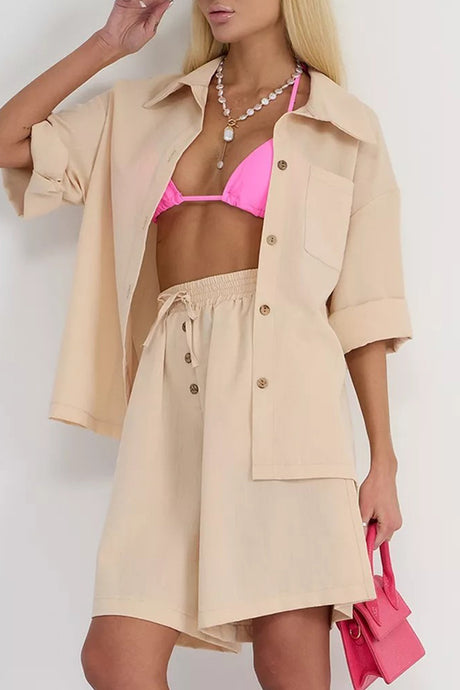 Solid Color Shirt Single-breasted Bermuda Shorts Set