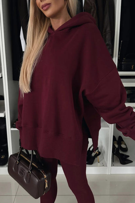 Printed Slit Hem Hoodie Leeging Set