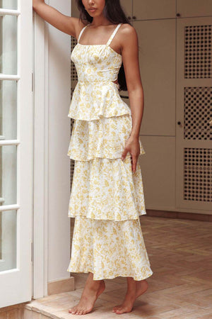Arolora Floral Print Tie-up Tiered Midi Dress