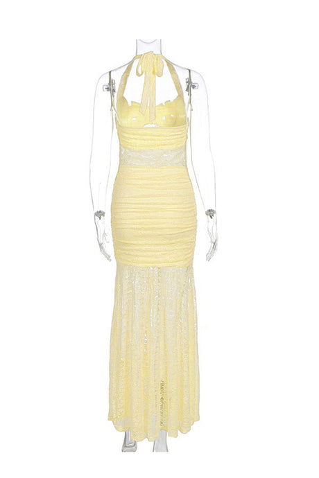 Halterneck Lace Patchwork Ruched Dress