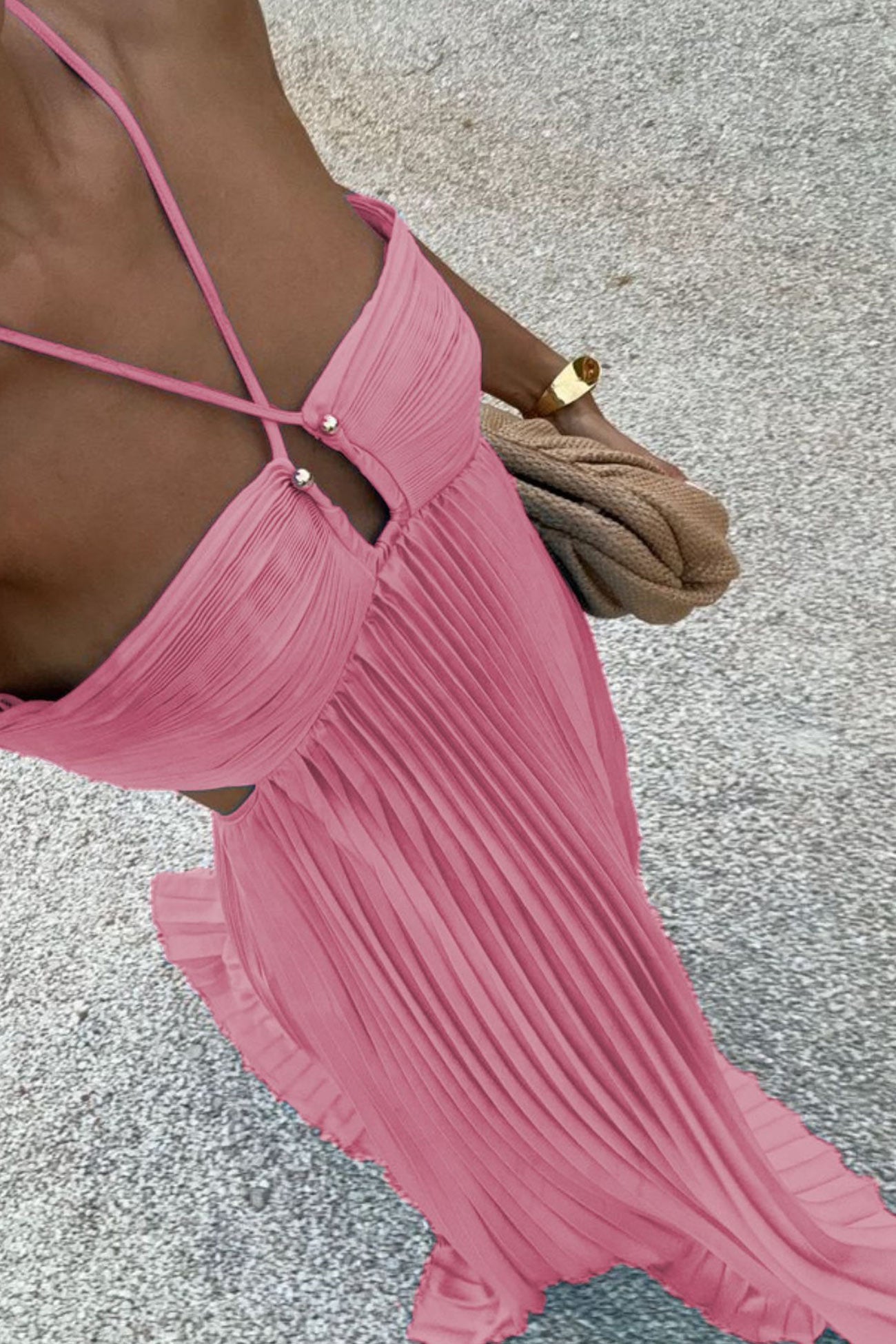 Arolora Halterneck Cutout Pleated Maxi Dress