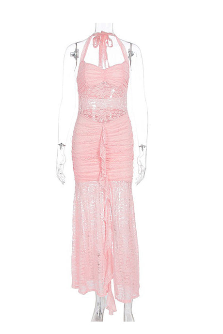 Halterneck Lace Patchwork Ruched Dress