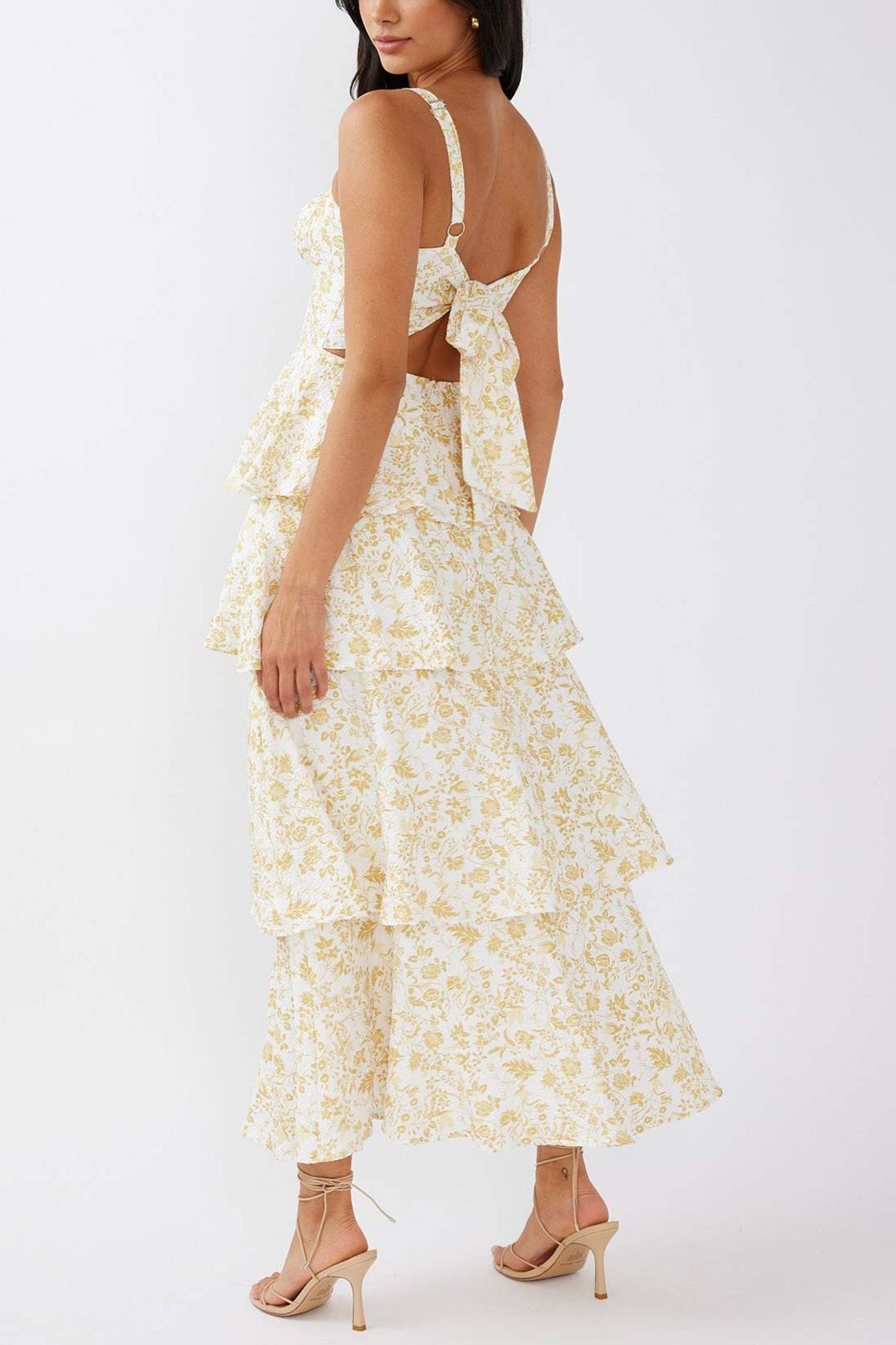 Arolora Floral Print Tie-up Tiered Midi Dress