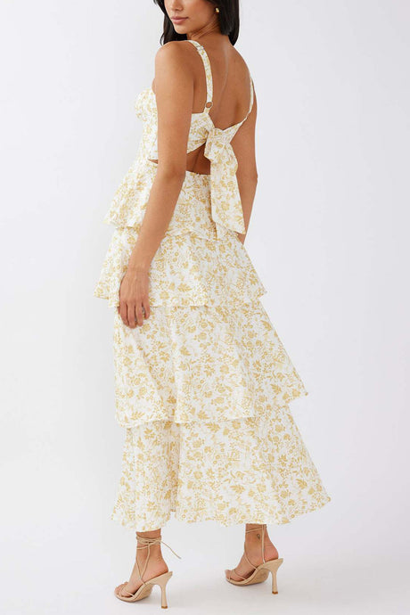 Arolora Floral Print Tie-up Tiered Midi Dress