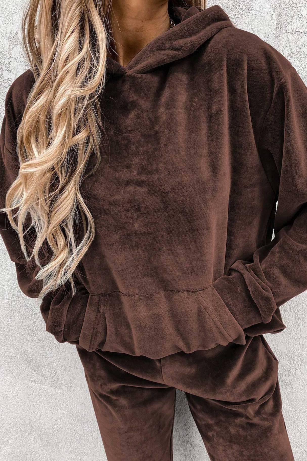 Velour Solid Color Hoodie Long Pants Set
