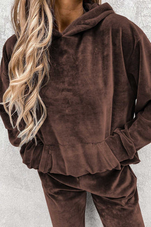 Velour Solid Color Hoodie Long Pants Set