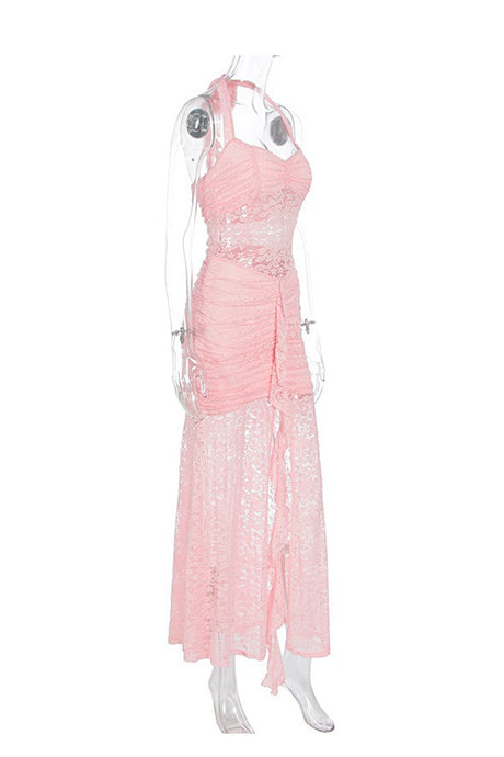 Halterneck Lace Patchwork Ruched Dress