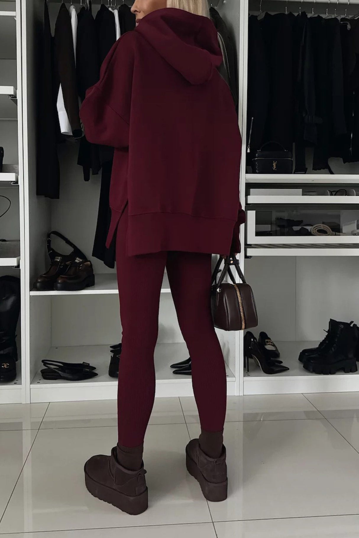 Printed Slit Hem Hoodie Leeging Set