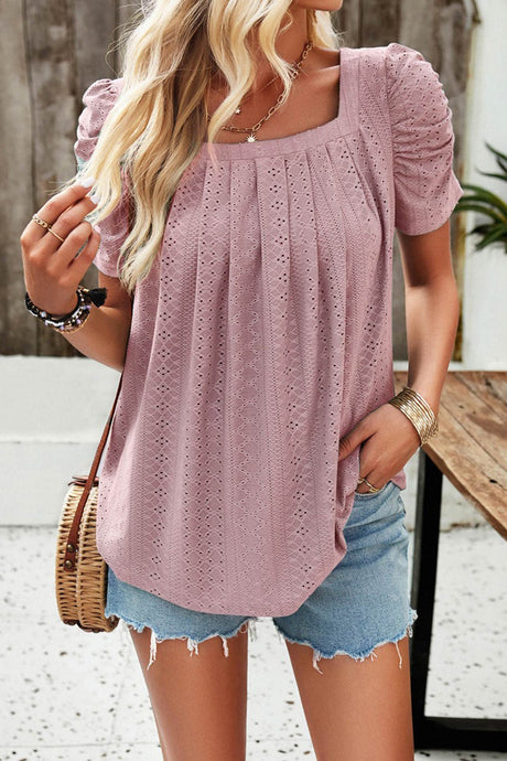 Arolora Square Neck Puff Sleeve Hollow Out Blouse